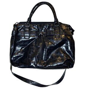 Bueno Black Faux Croc Embossed Tote With Top Handles And Crossbody Strap